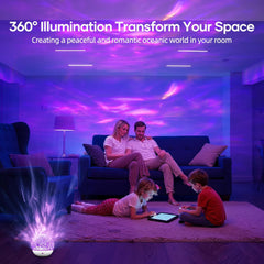 Family in a living room with ocean wave light projector creating a relaxing atmosphere