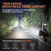 Flashlight being used to illuminate a path at night with text highlighting its brightness and range.