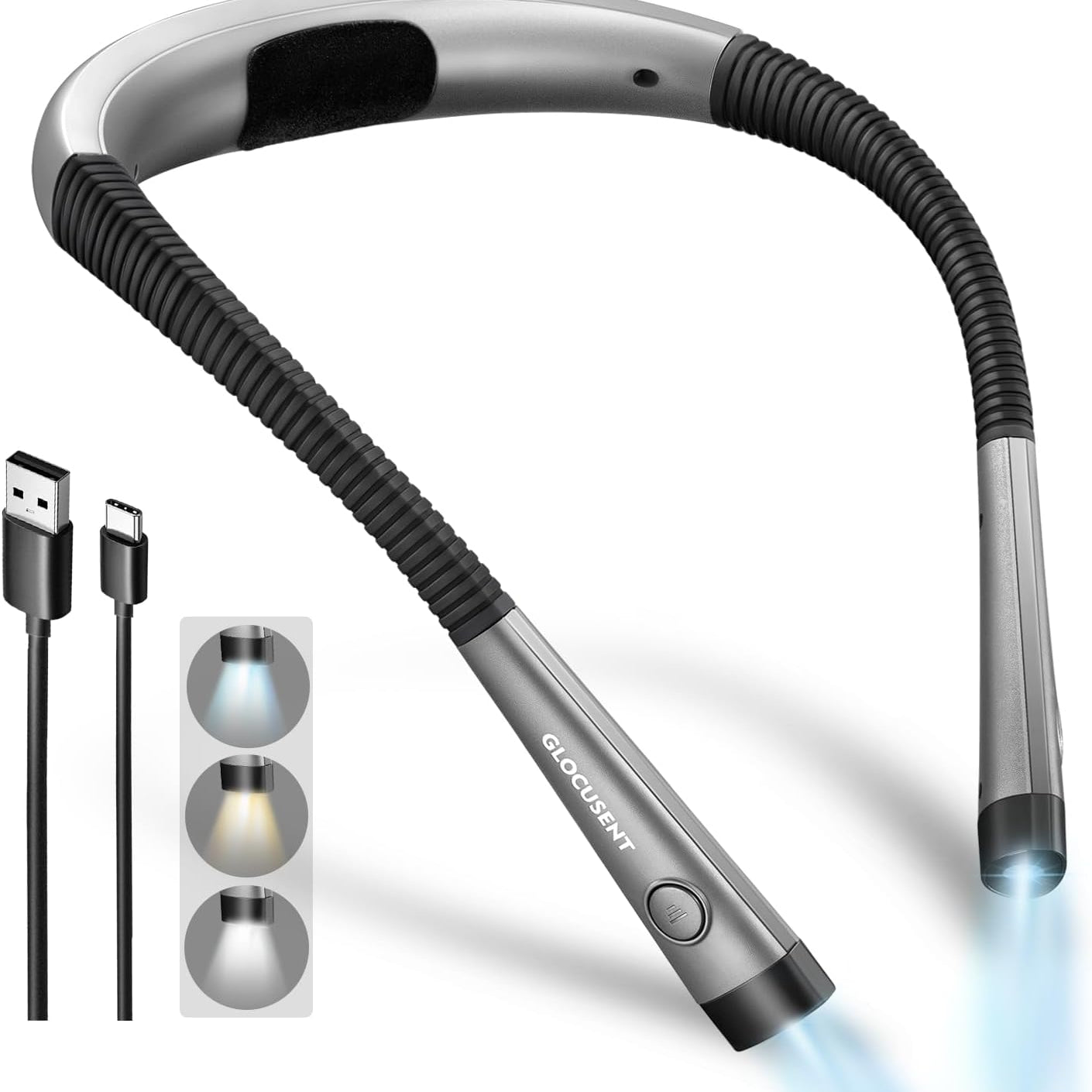 Flexible neck light with USB cable and three-light-mode indicator on a white background