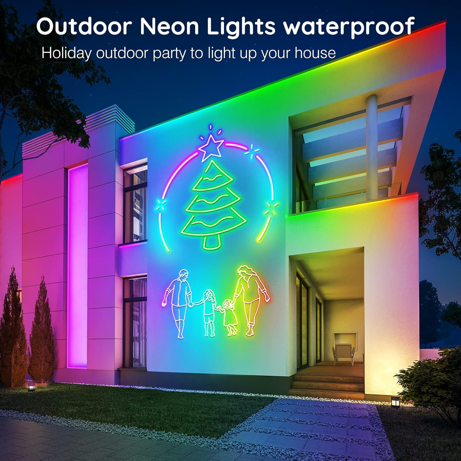 Neon lights on a house exterior with Flexible neon LED strip with remotetree and family design, text about waterproof outdoor lights.