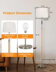 Floor lamp with dimensions and features highlighted on a neutral background