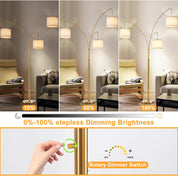 Floor lamp with dimming feature shown in three brightness levels in a living room setting.