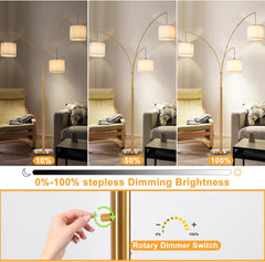 Floor lamp with dimming feature shown in three brightness levels in a living room setting.
