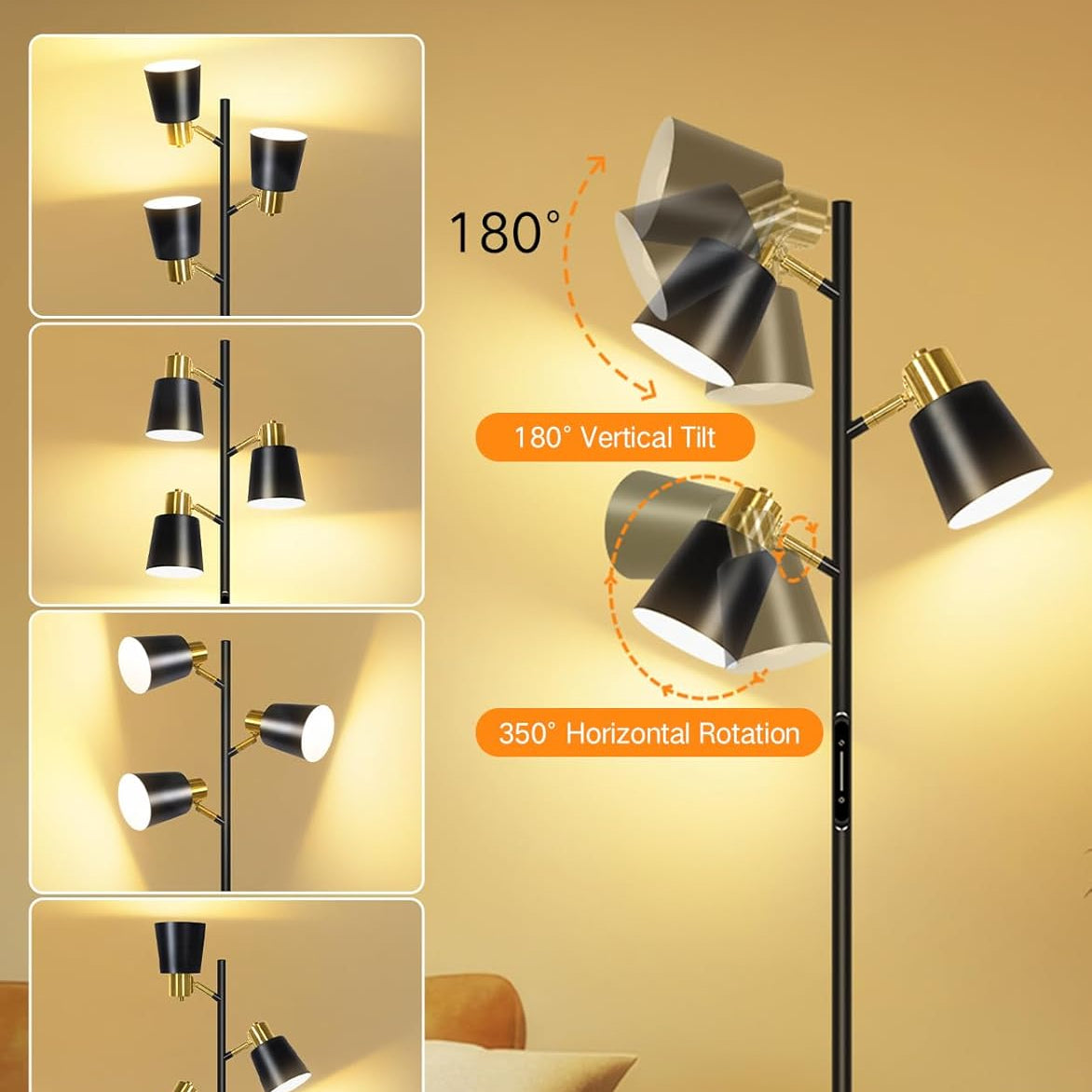 Floor lamp with adjustable head showing 180-degree vertical tilt and 350-degree horizontal rotation on a beige background.