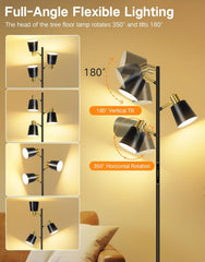 Floor lamp with adjustable head showing 180-degree vertical tilt and 350-degree horizontal rotation on a beige background.