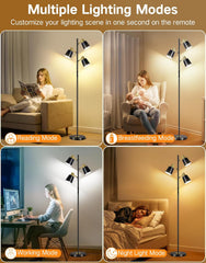 Floor lamp with multiple lighting modes shown in different settings.