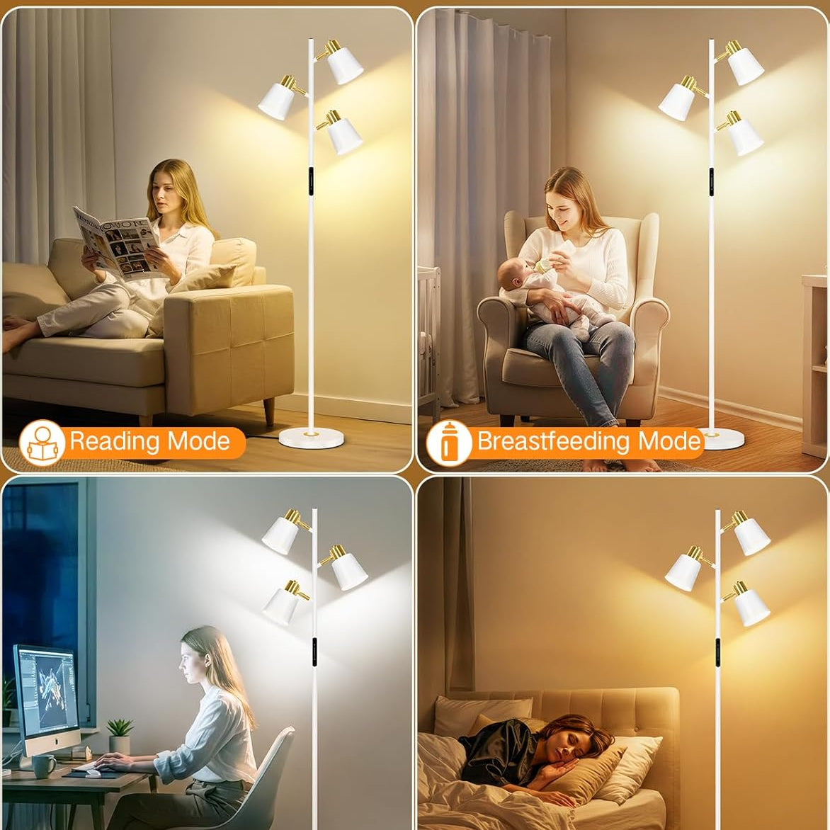Floor lamp with multiple lighting modes shown in different settings.