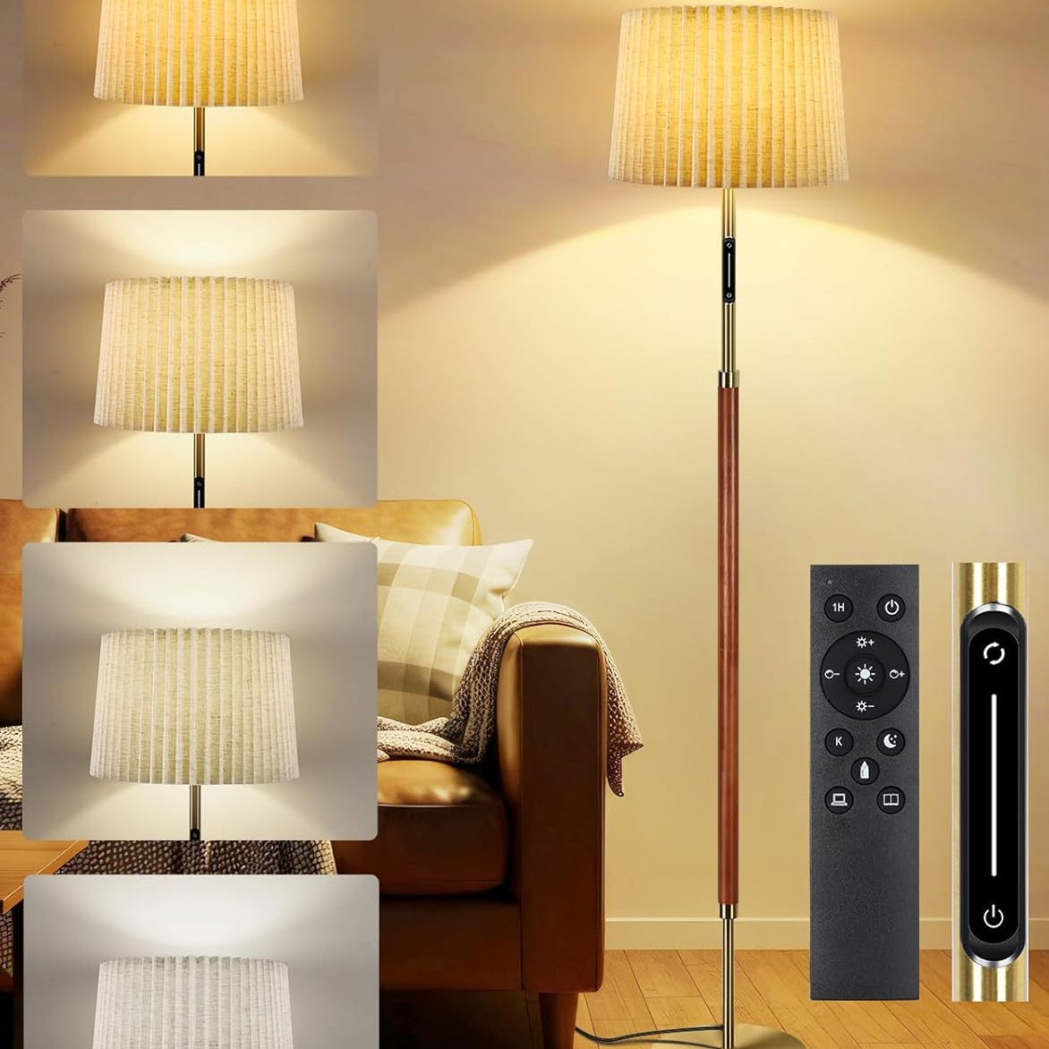 Floor lamp with remote control in a living room setting