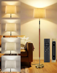 Floor lamp with remote control in a living room setting