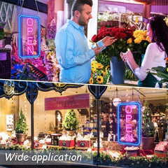 Floral shop with 'OPEN' sign, people shopping, and a wide application label.