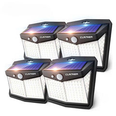 Four Claver solar-powered outdoor lights on a white background