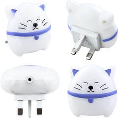 Four cat-shaped wall sockets with blue accents on a white background