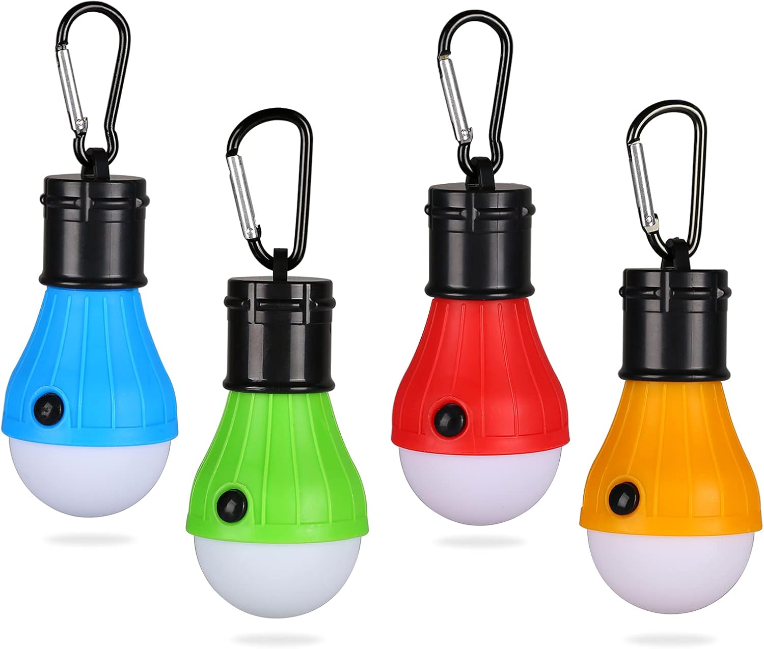 Four colorful LED camping lanterns with carabiners on a white background