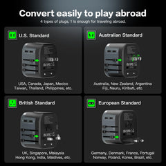 Four types of travel adapters for different plug standards on a dark background