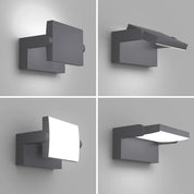 Four views of a modern wall-mounted light fixture on a gray background