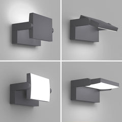 Four views of a modern wall-mounted light fixture on a gray background