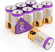 GP Extra batteries with purple caps on a white background