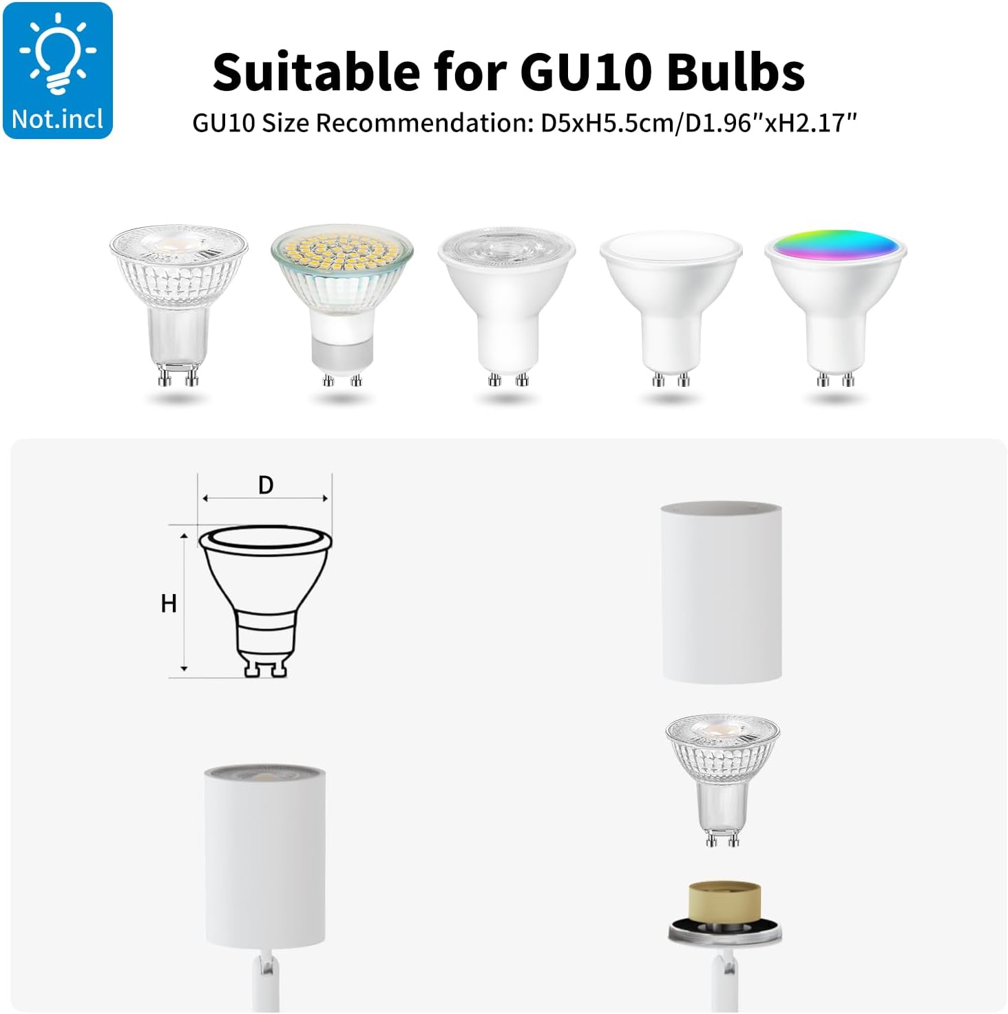 GU10 bulb compatibility chart with various light effects and dimensions.