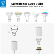GU10 bulb compatibility chart with various light effects and dimensions.
