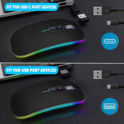 Gaming mouse with RGB lighting on a dark surface, showing compatibility with USB-C and USB ports.