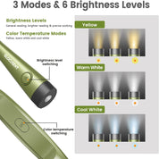 Glocusext flashlight with packaging showing yellow, warm white, and cool white light options.