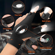 Glove with LED lights and various features highlighted, including power switch, bright LED lights, velcro fastening strap, batteries compartment, and flexible fabric.