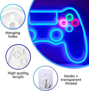 Glowing blue neon sign shaped like a game controller with hanging holes, high-quality acrylic, and hooks on a white background.