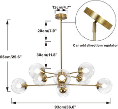Gold chandelier with dimensions and features highlighted on a white background