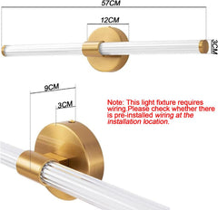 Gold light fixture with clear cylindrical components and dimensions on a white background.