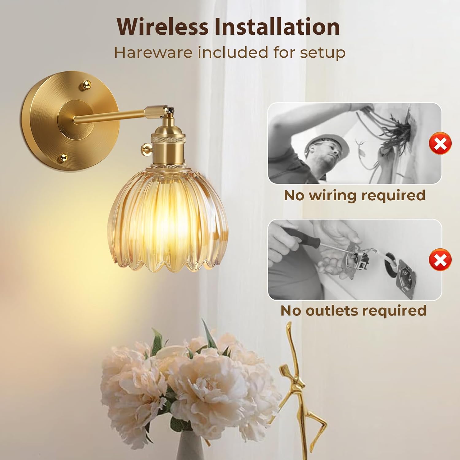 Gold wall-mounted light fixture with wireless installation features and floral decoration.