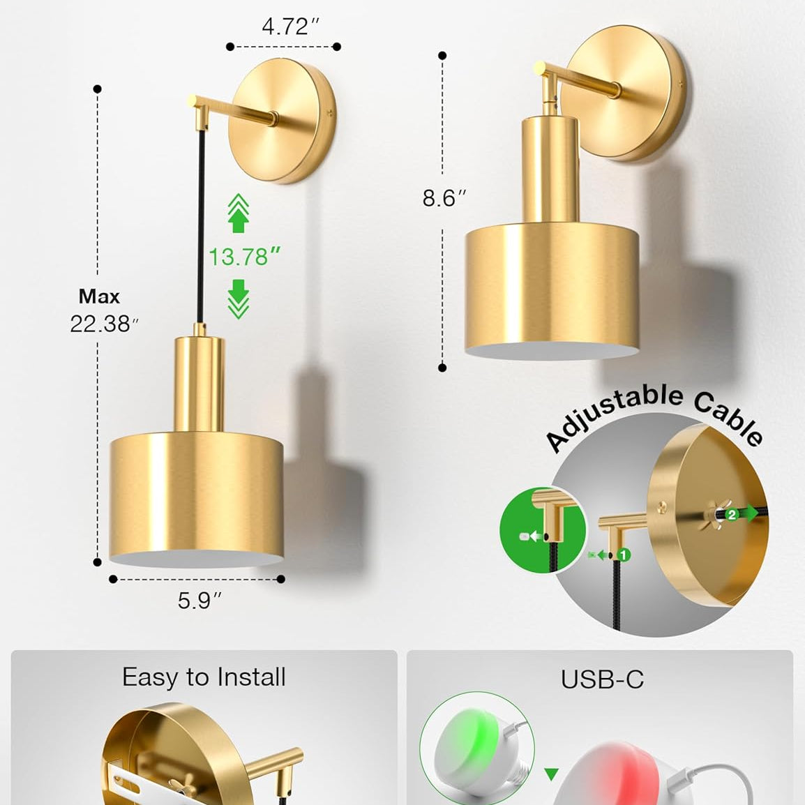 Gold wall sconce with adjustable cable and USB-C feature, shown with dimensions on a white background.