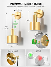 Gold wall sconce with adjustable cable and USB-C feature, shown with dimensions on a white background.
