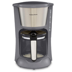Gray and silver Morphy Richards coffee maker on a white background