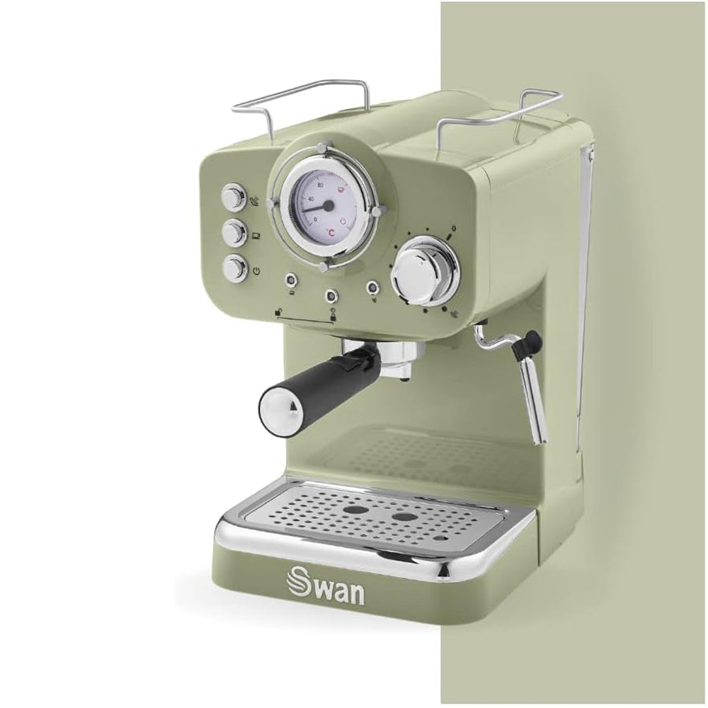 Green Swan espresso machine on a white background