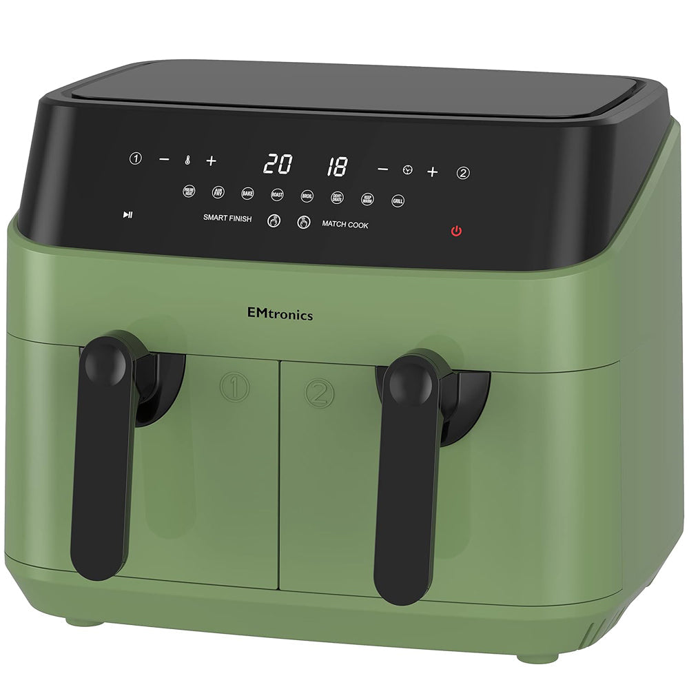 Green and black EMtronics air fryer on a white background