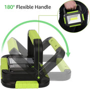 Green and black portable light with flexible handle and inset showing usage.