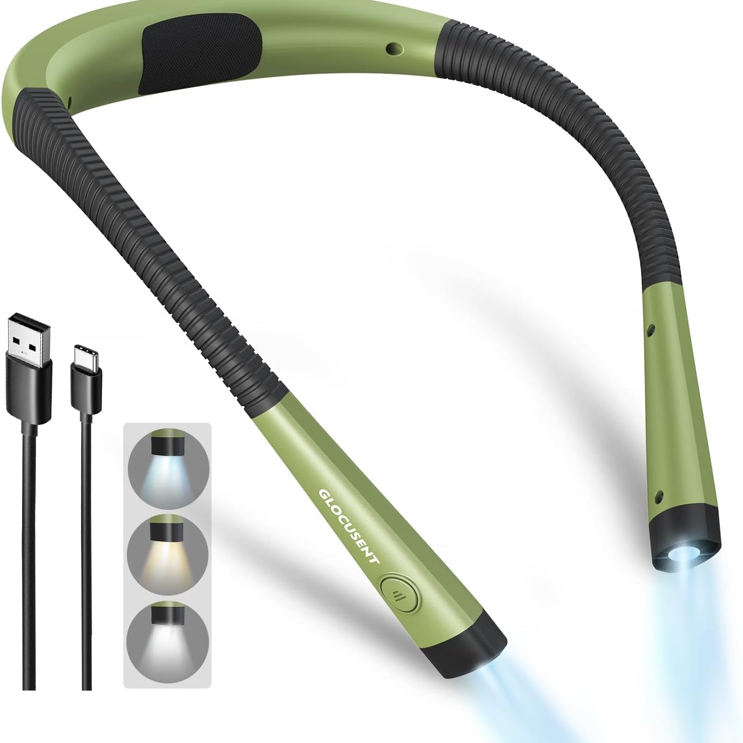 Green flexible neck light with USB cable and three light bulb icons on a white background
