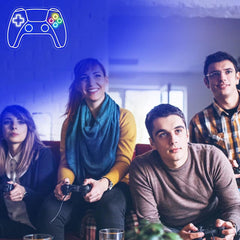 Group of people playing video games together in a room with gaming controller icon.