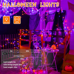 Halloween-themed string lights with decorations and measurements on a dark background