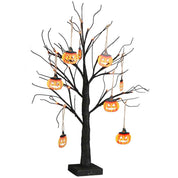 Halloween decorative tree with hanging jack-o'-lantern lights on a white background