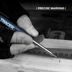 Hand holding a Tracer pen with a metal tip, marking a wooden surface, with 'PRECISE MARKING' text above.