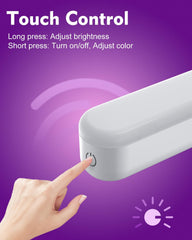 Hand pressing a touch control panel on a purple background with text about touch control functions.