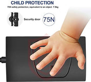 Hand pushing a security door with child protection feature labeled '75N' and '7.5kg'.