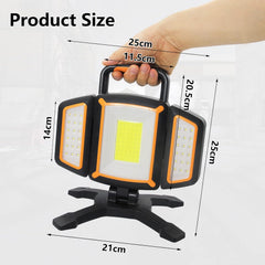 Handheld work light with dimensions labeled on a white background