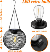 Hanging light fixture with LED retro bulb, dimensions, and on/off switch illustration.