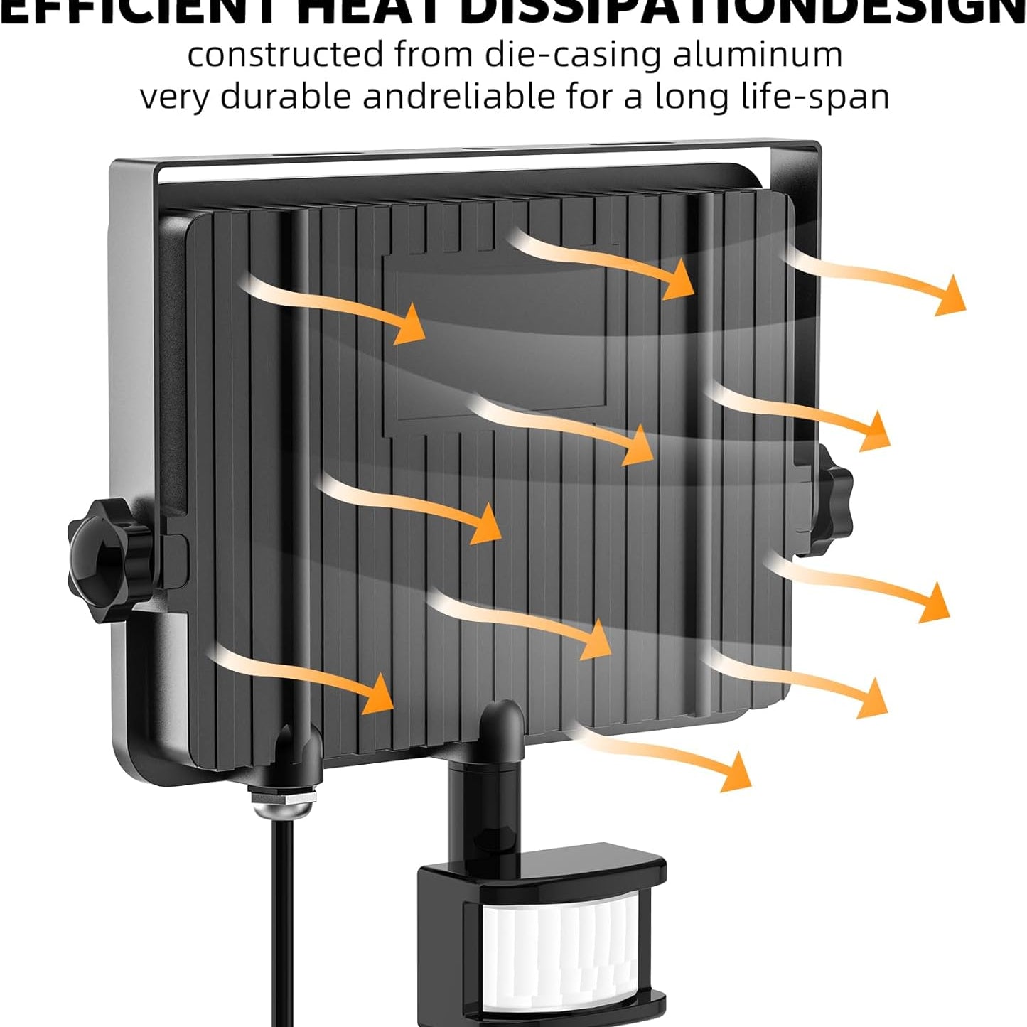 Heat dissipation design of a LED flood light with text on durability.