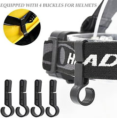 Helmet strap with four buckles and a close-up of one buckle on a white background.