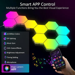 Hexagonal LED lights with smart app control features on a dark background