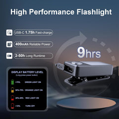 High performance flashlight with charging details on a dark background