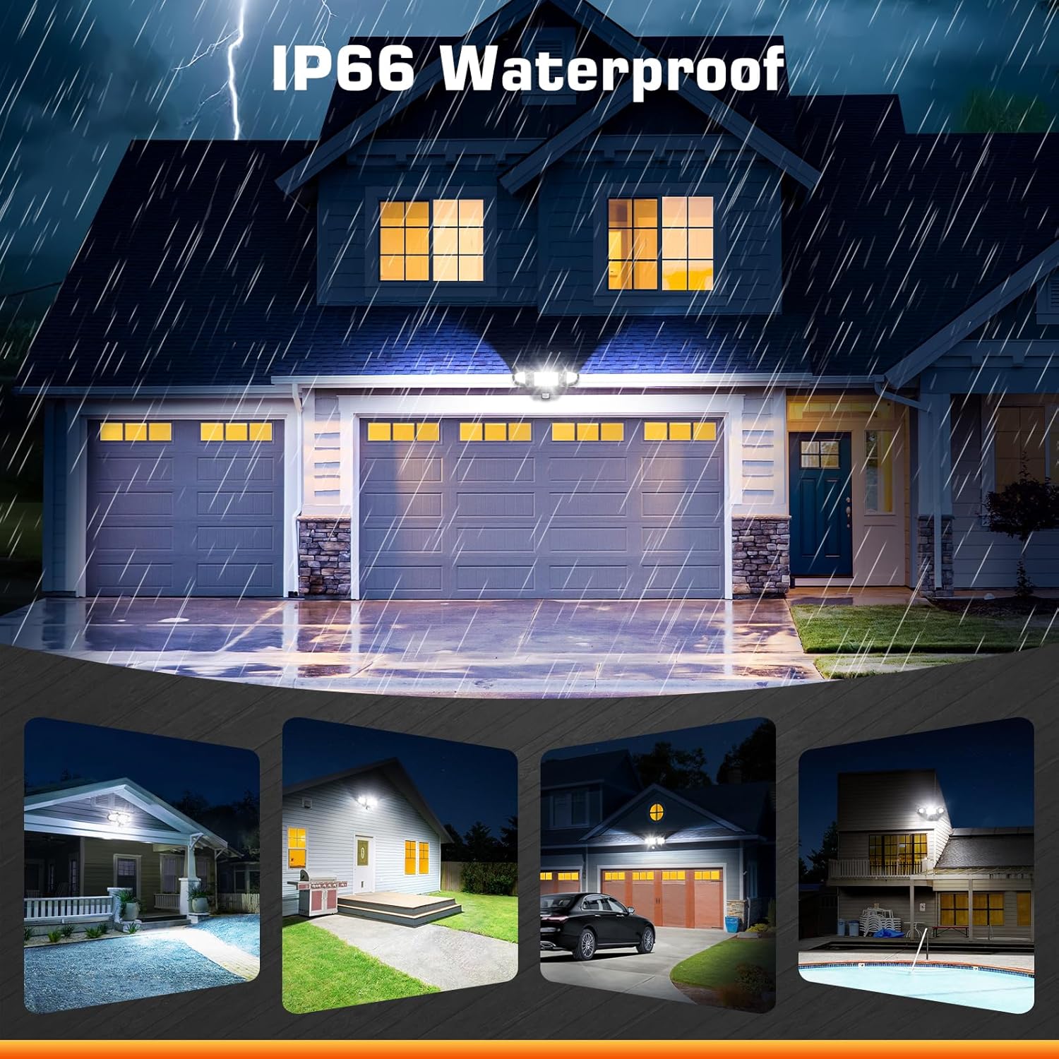 House with a garage door light during rain, emphasizing IP66 waterproof rating.